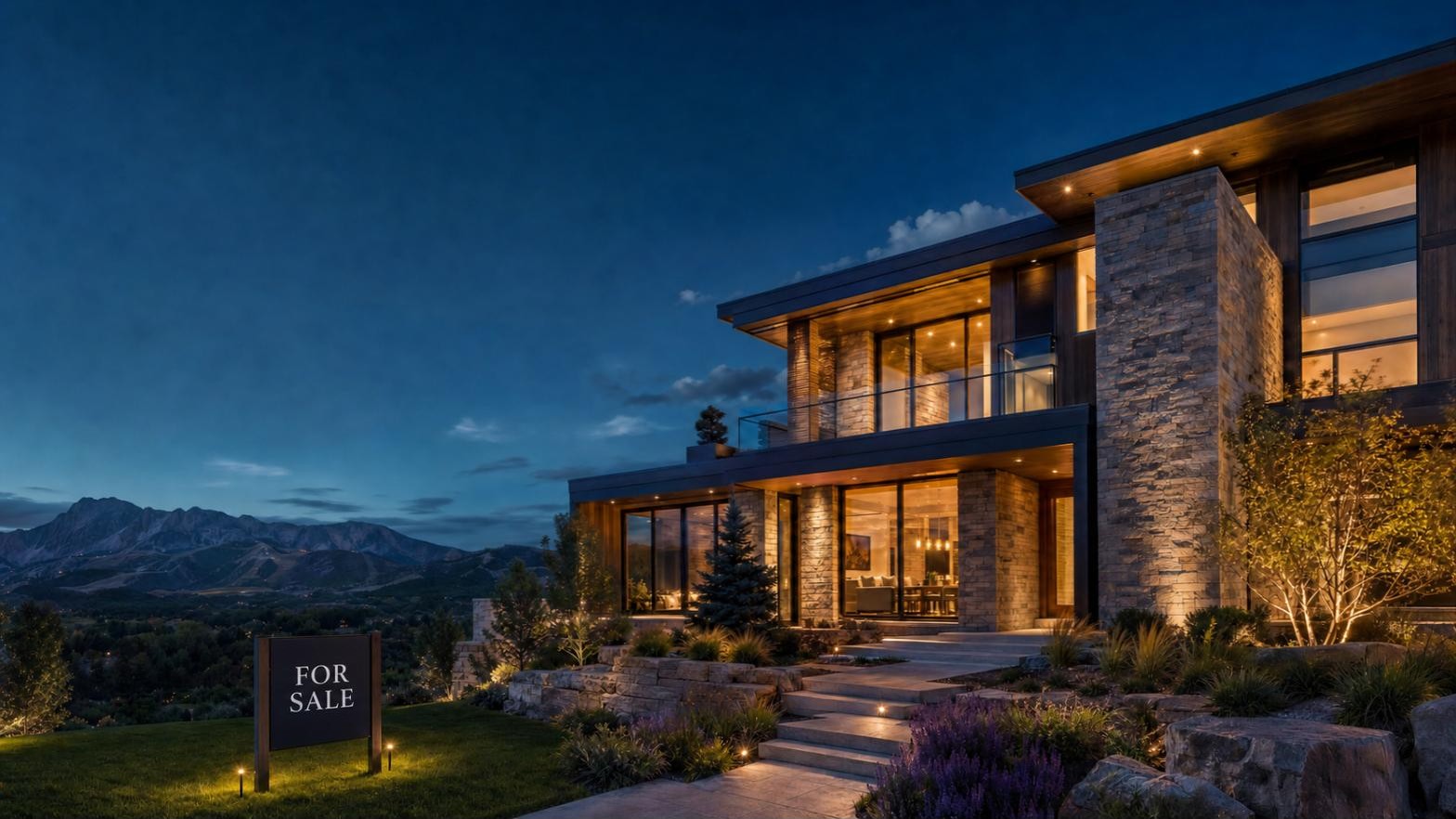 Luxury Colorado home listed for sale at dusk